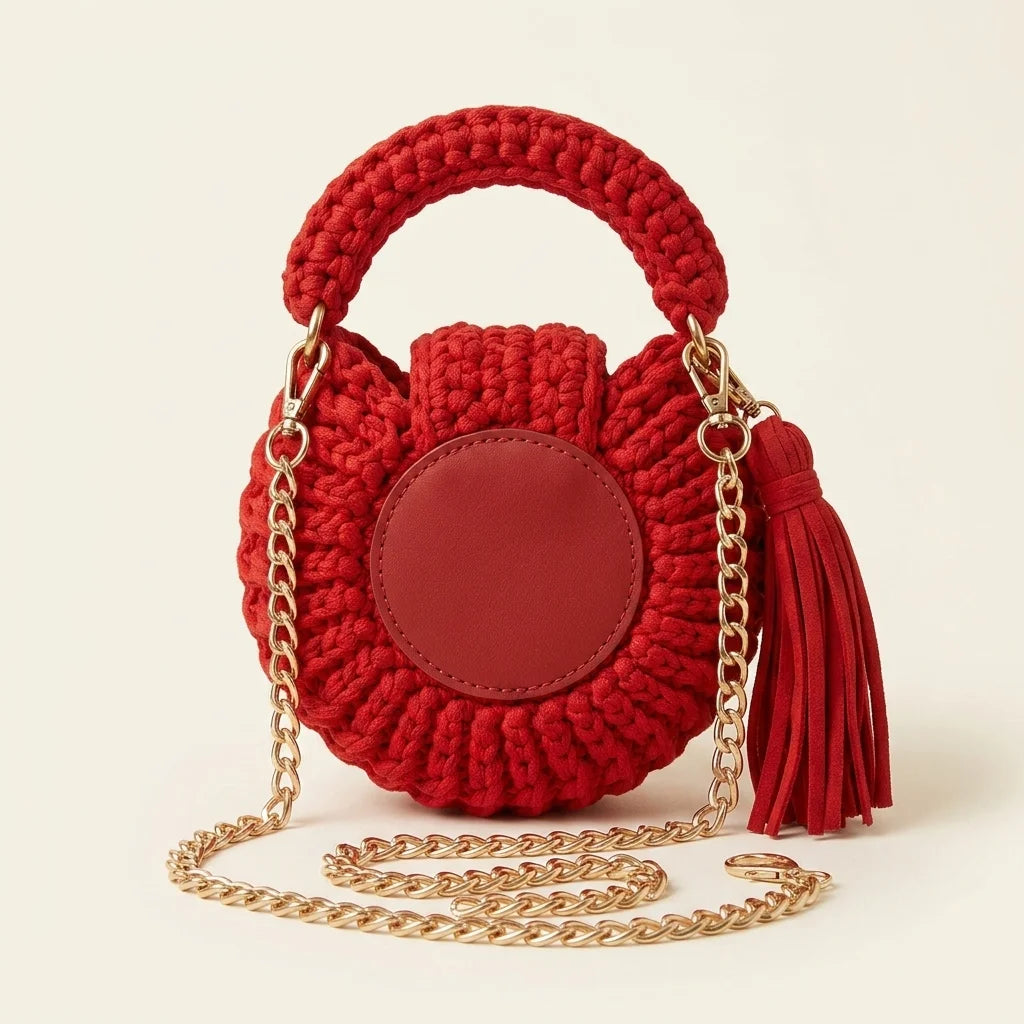 Back panel of Red fringe bucket bag crossbody with strap attachments