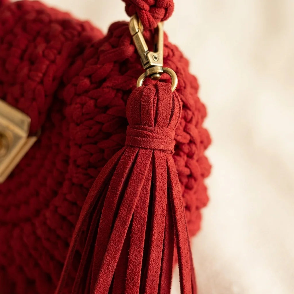 Close-up of fringe stitching and texture on Red fringe bucket bag crossbody