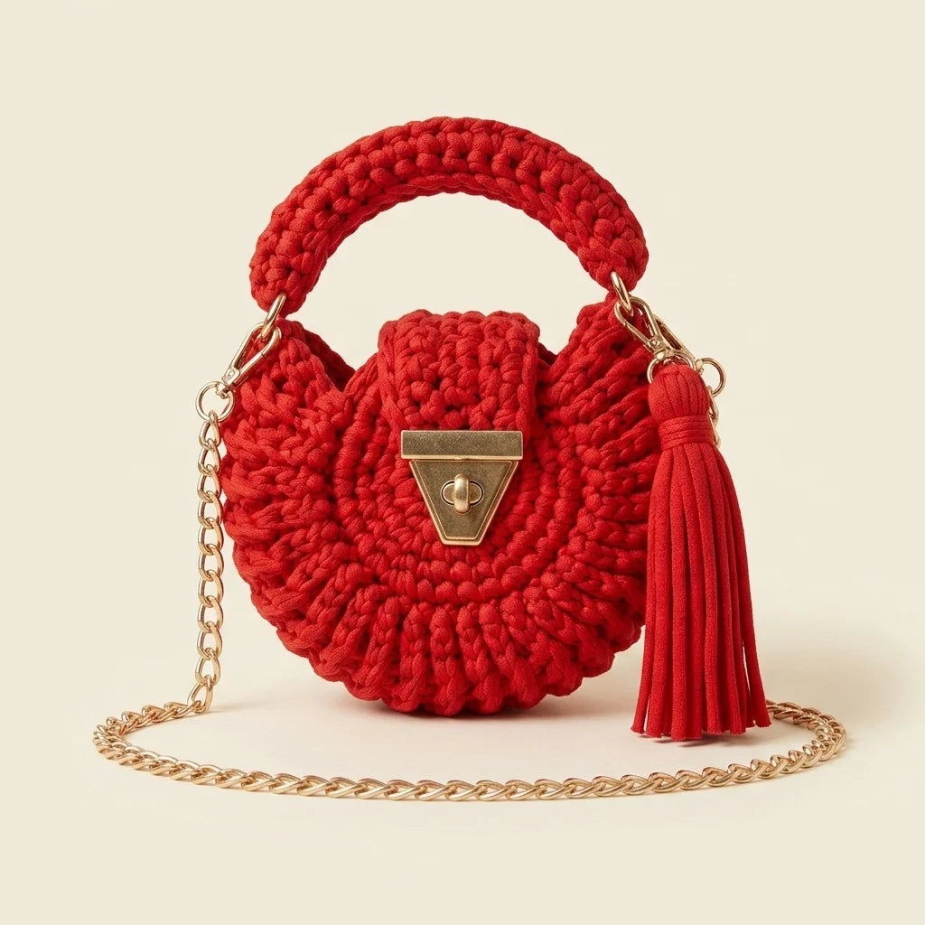 Red fringe bucket bag crossbody, front view