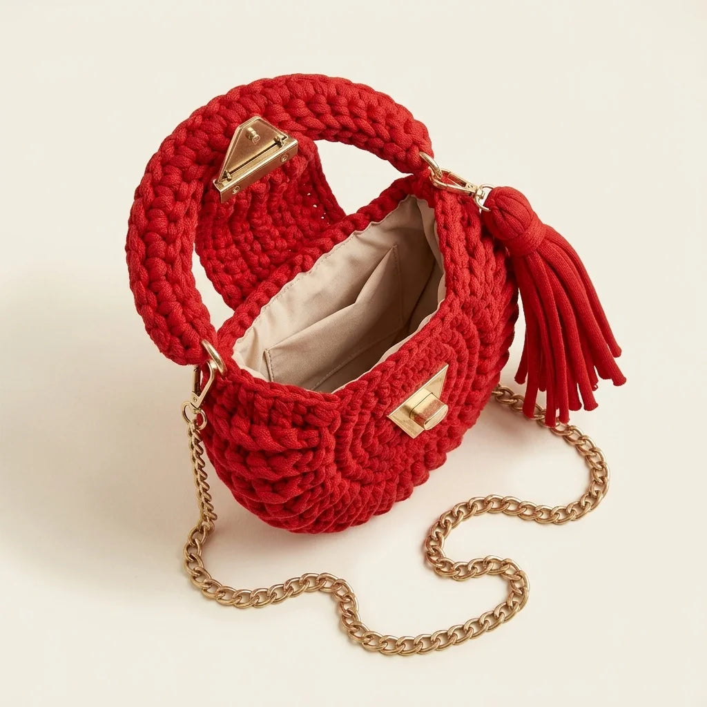 Interior lining and pockets of Red fringe bucket bag crossbody