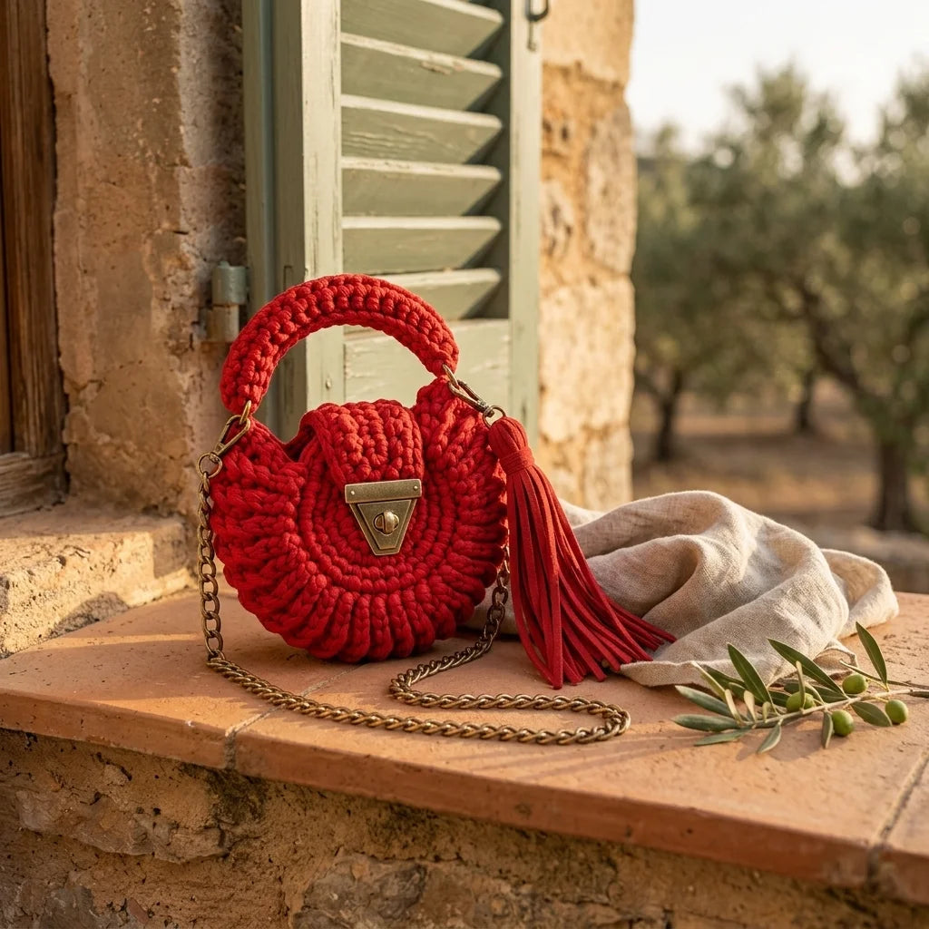 Red fringe bucket bag crossbody styled in a warm Mediterranean setting