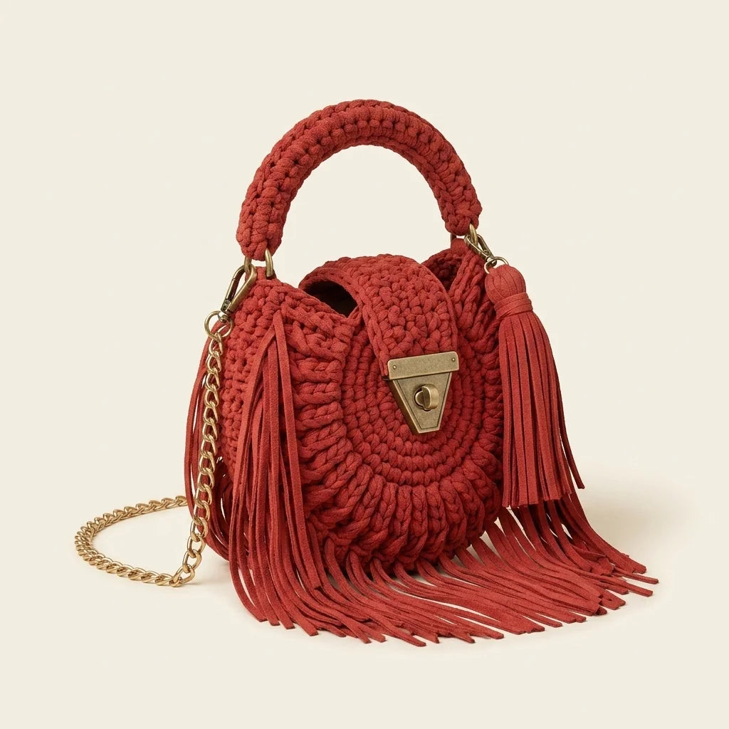 Red fringe bucket bag crossbody, three-quarter angle showing side depth