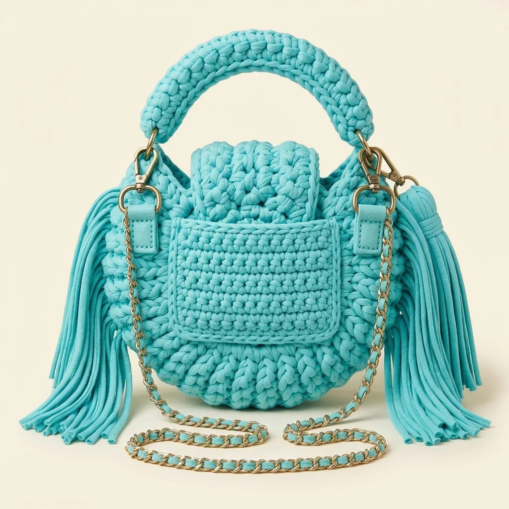 Back panel of Sky Blue fringe bucket bag crossbody with strap attachments