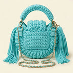 Back panel of Sky Blue fringe bucket bag crossbody with strap attachments