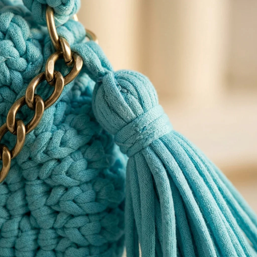 Close-up of fringe stitching and texture on Sky Blue fringe bucket bag crossbody