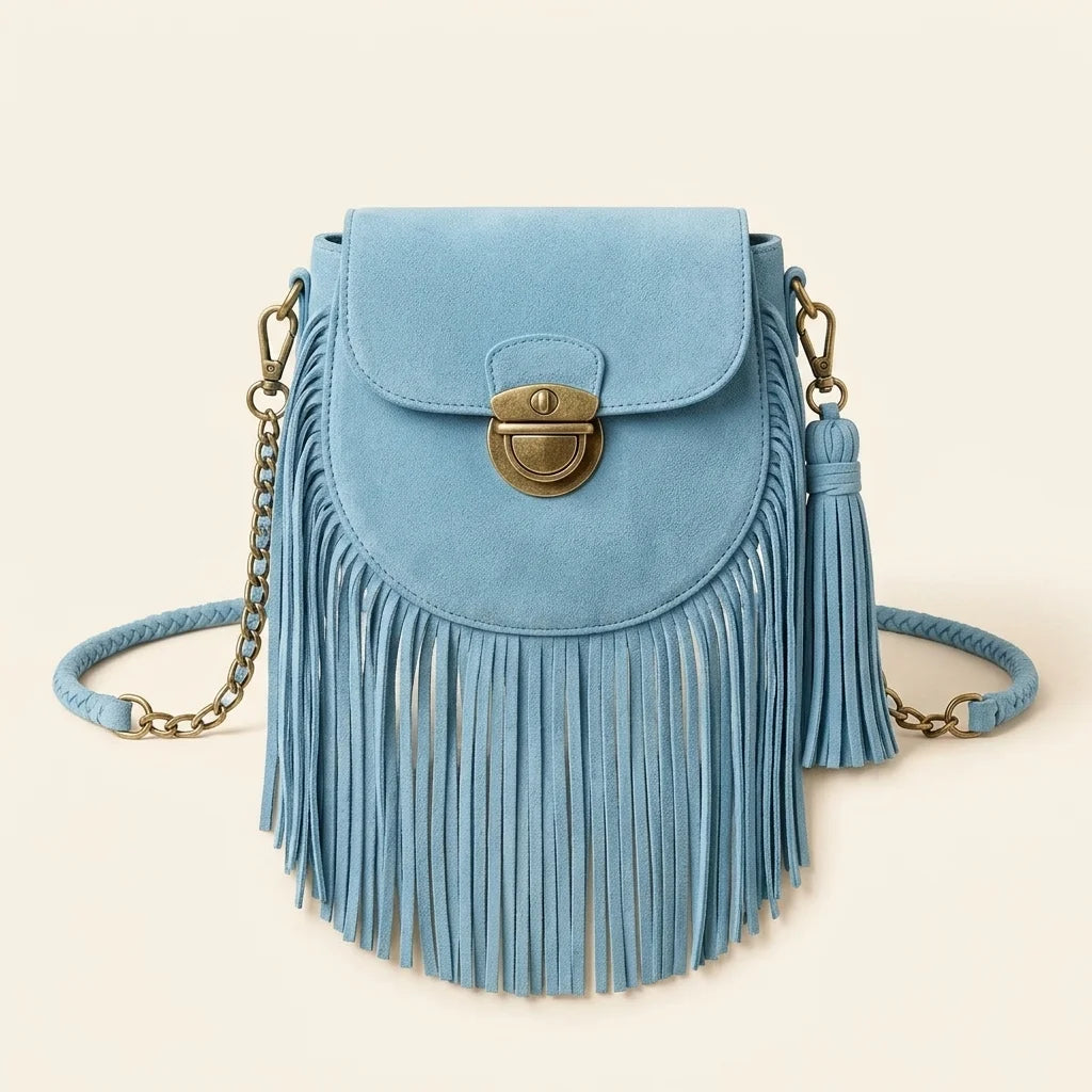Sky Blue fringe bucket bag crossbody, front view