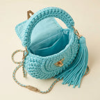 Interior lining and pockets of Sky Blue fringe bucket bag crossbody