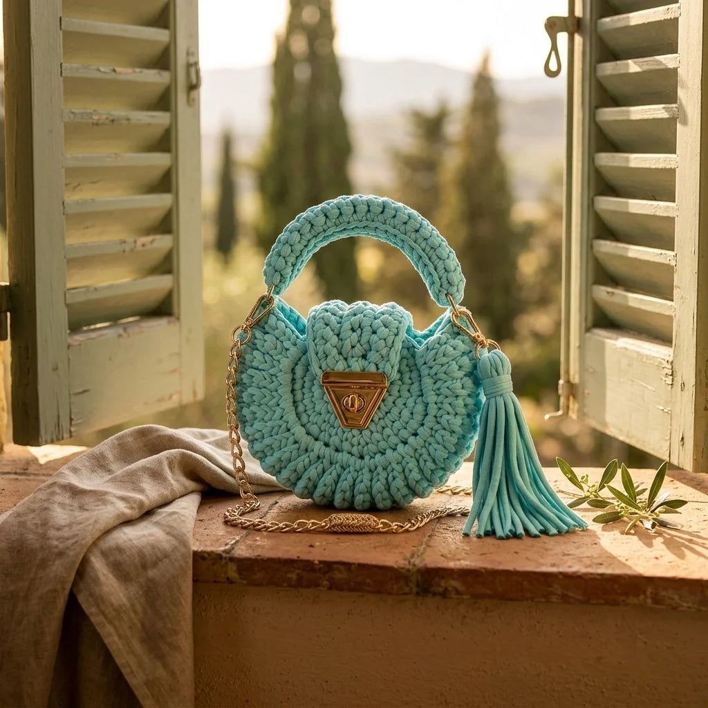Sky Blue fringe bucket bag crossbody styled in a warm Mediterranean setting