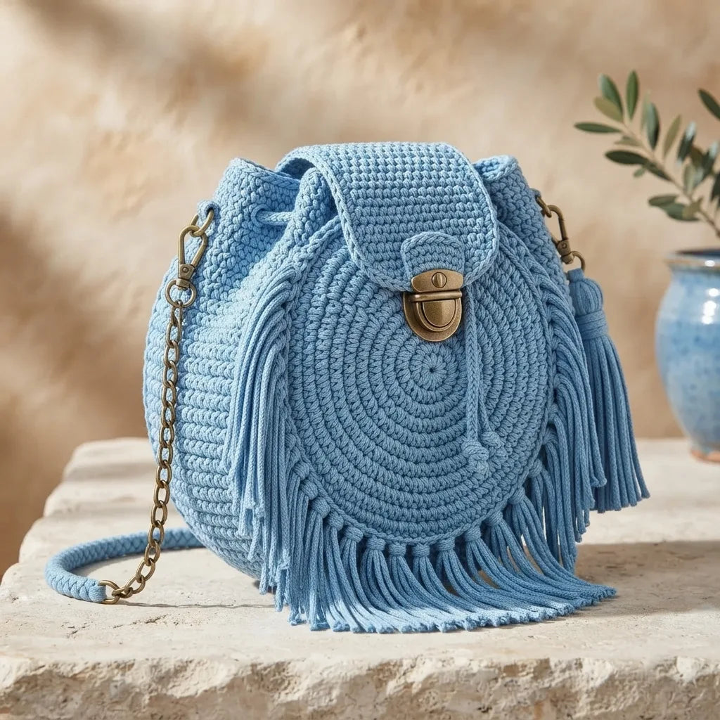 Sky Blue fringe bucket bag crossbody, three-quarter angle showing side depth