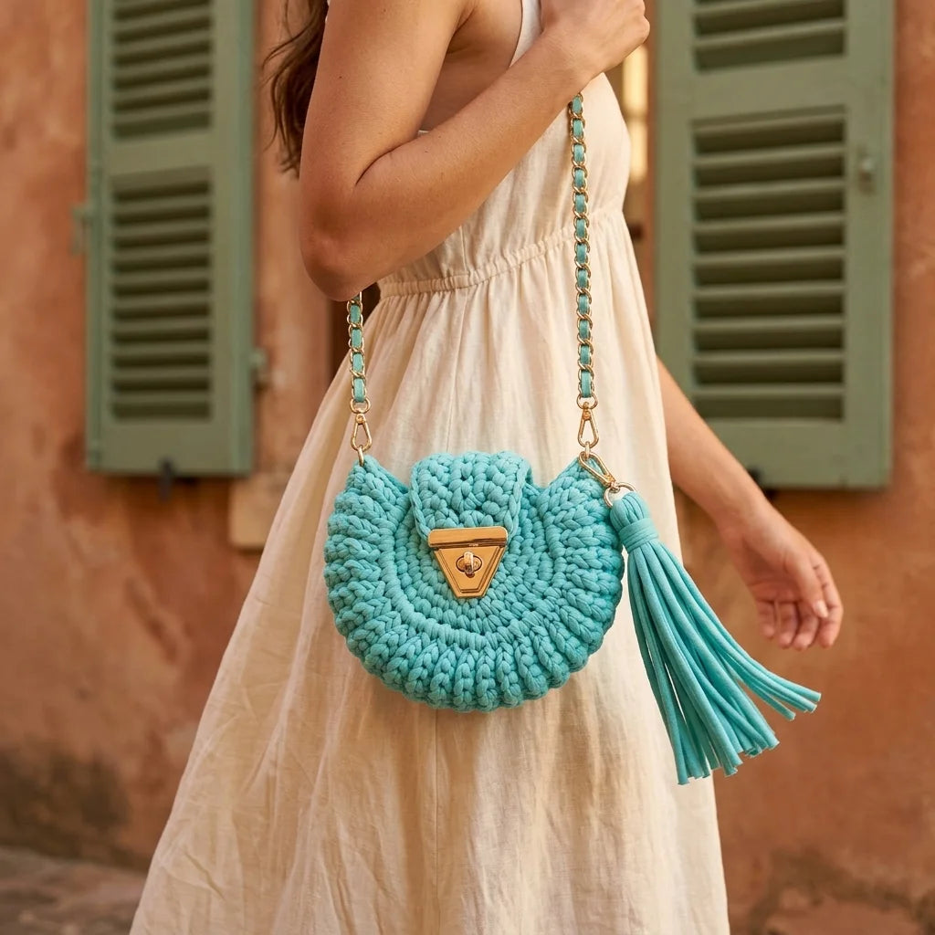 Woman wearing Sky Blue fringe bucket bag crossbody with swaying fringe