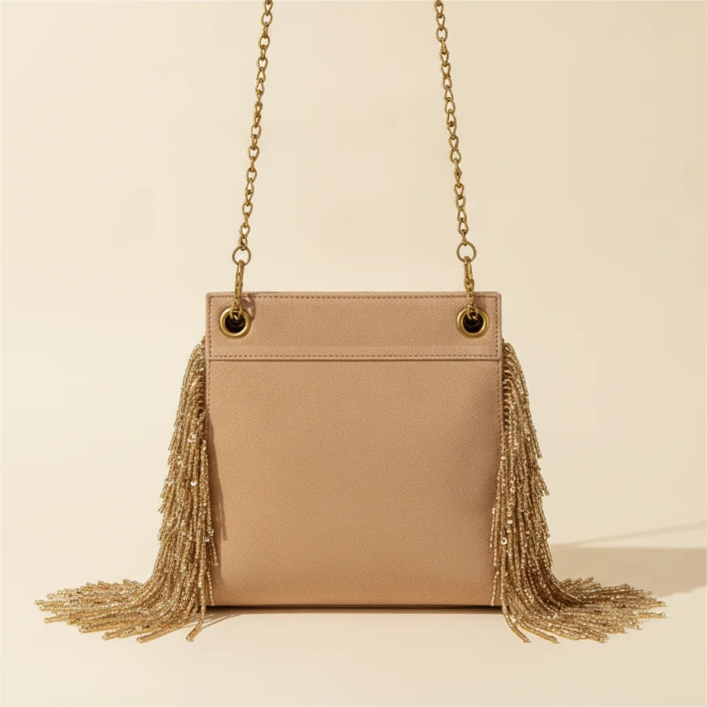 Back panel of Light Brown fringe chain bag with strap attachments