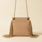 Back panel of Light Brown fringe chain bag with strap attachments