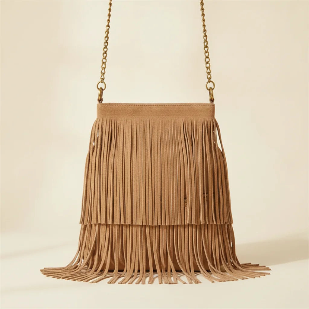 Light Brown fringe chain bag, front view