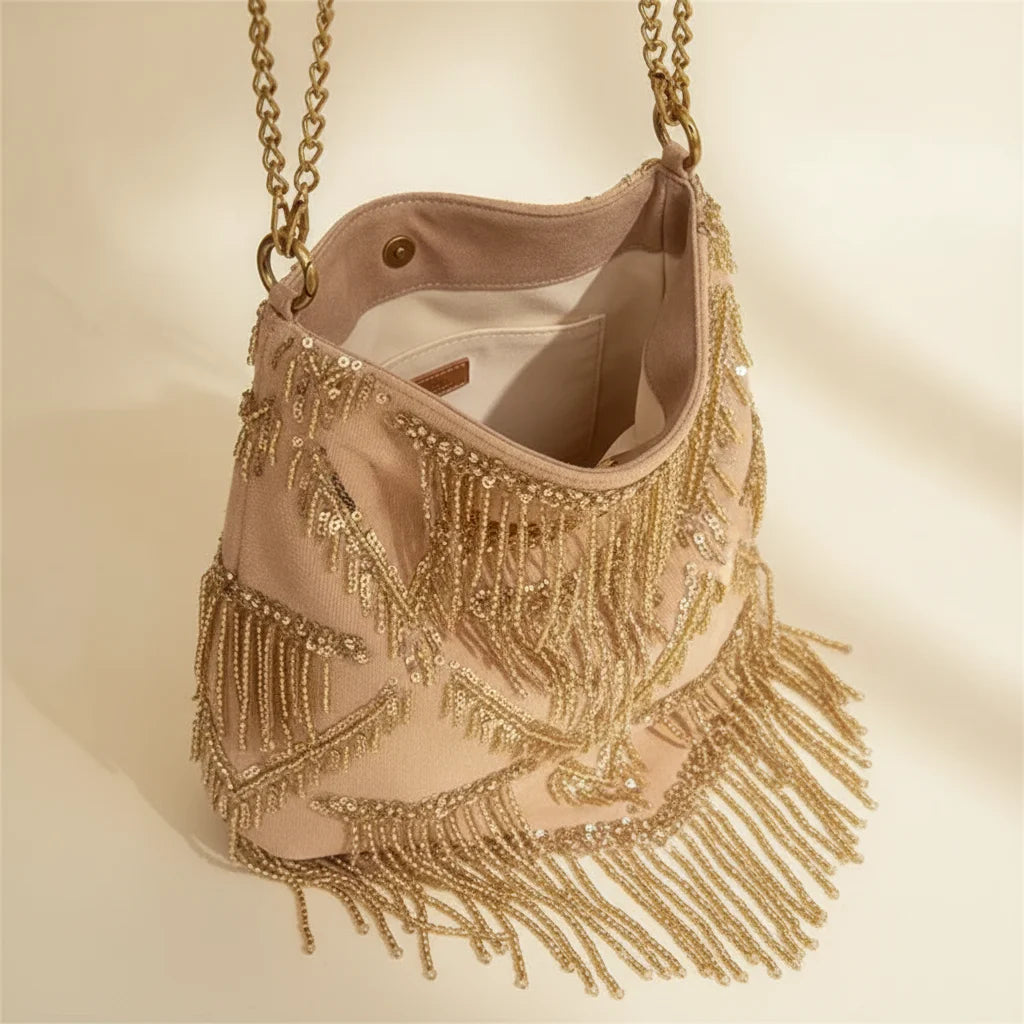 Interior lining and pockets of Light Brown fringe chain bag