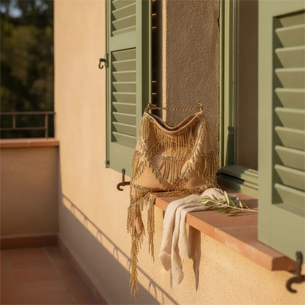 Light Brown fringe chain bag styled in a warm Mediterranean setting