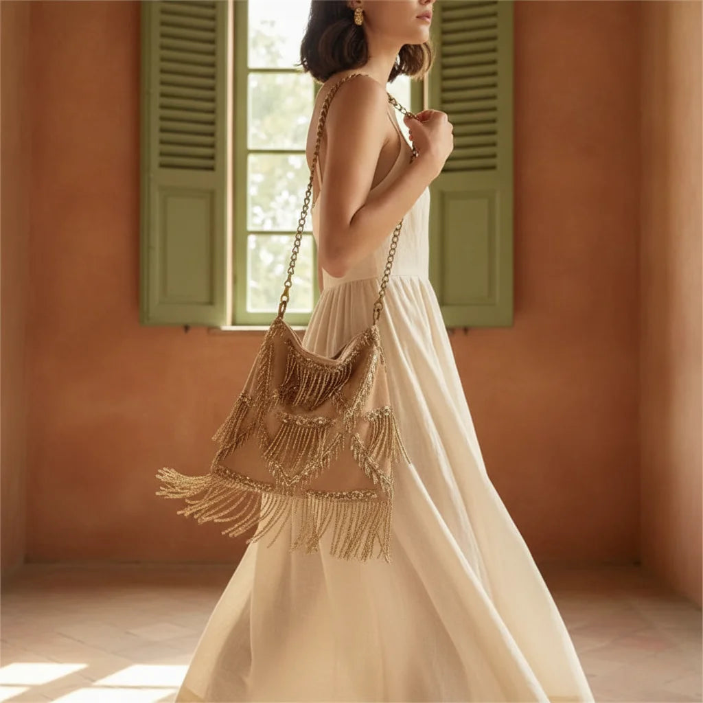 Woman wearing Light Brown fringe chain bag with swaying fringe