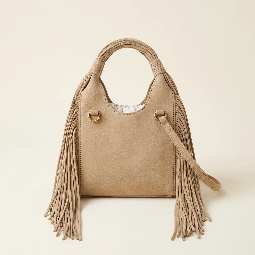 Back panel of Beige fringe clutch bag designer with strap attachments