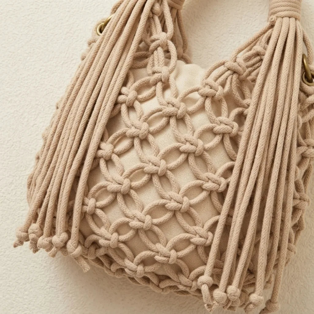 Close-up of fringe stitching and texture on Beige fringe clutch bag designer