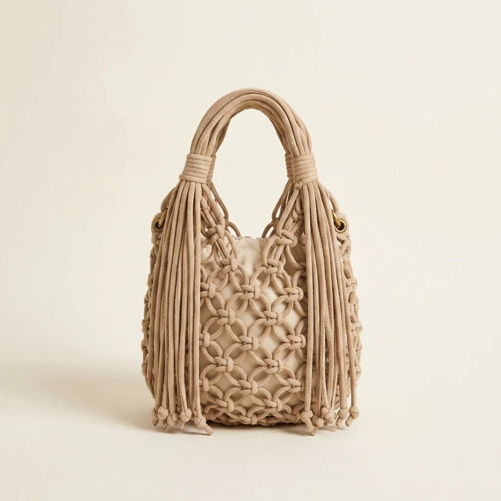 Beige fringe clutch bag designer, front view