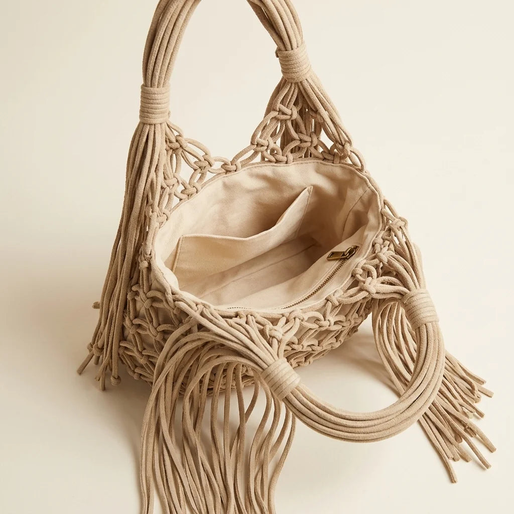 Interior lining and pockets of Beige fringe clutch bag designer