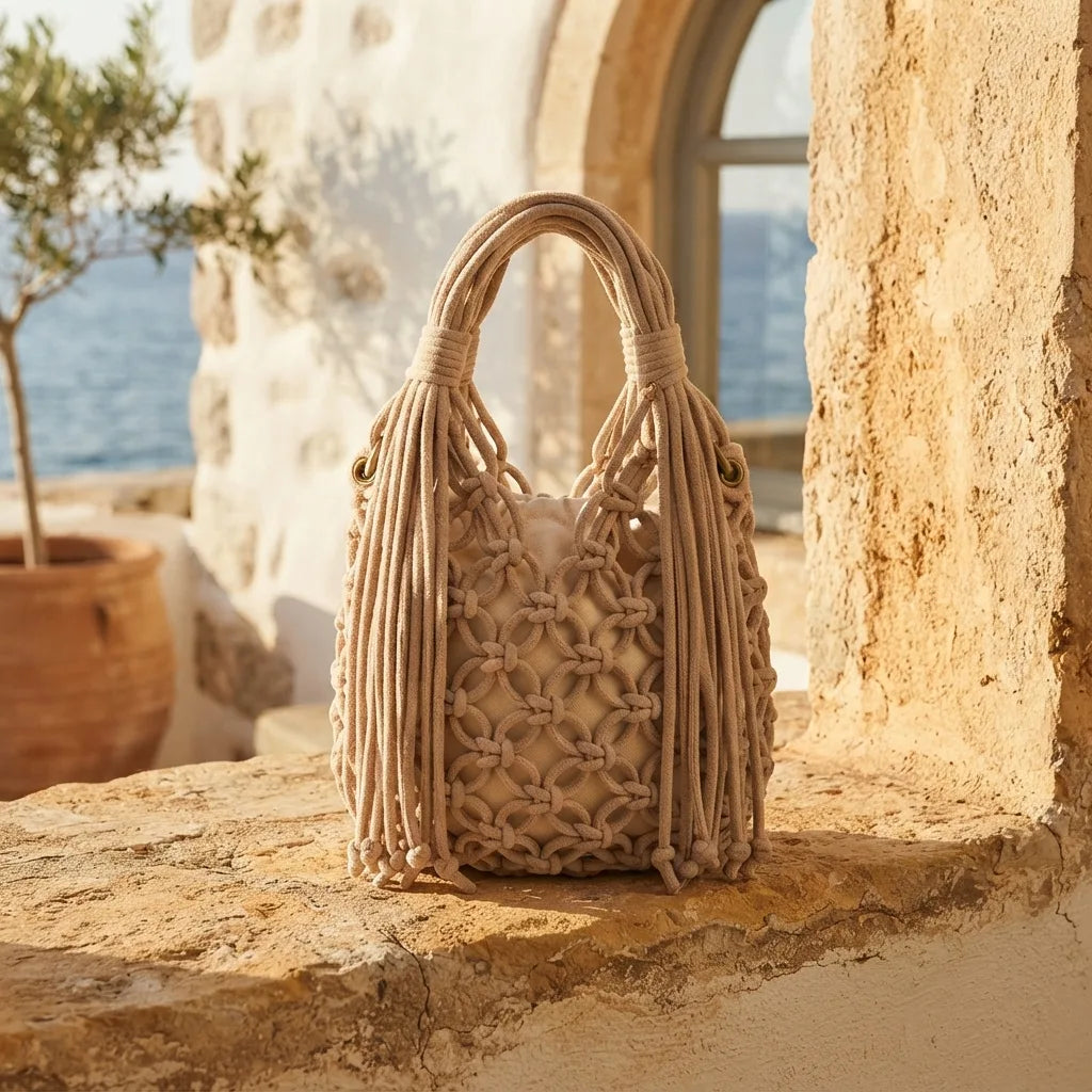 Beige fringe-clutch-bag-designer styled in a warm Mediterranean setting