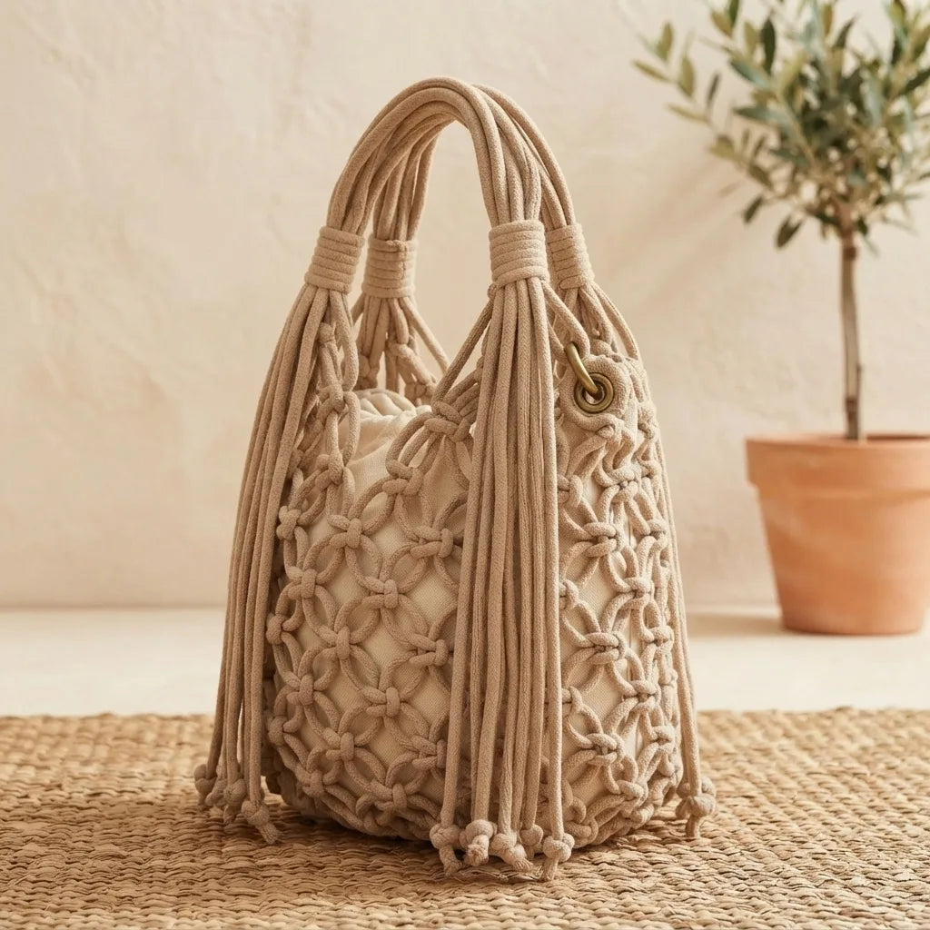 Beige fringe clutch bag designer, three-quarter angle showing side depth