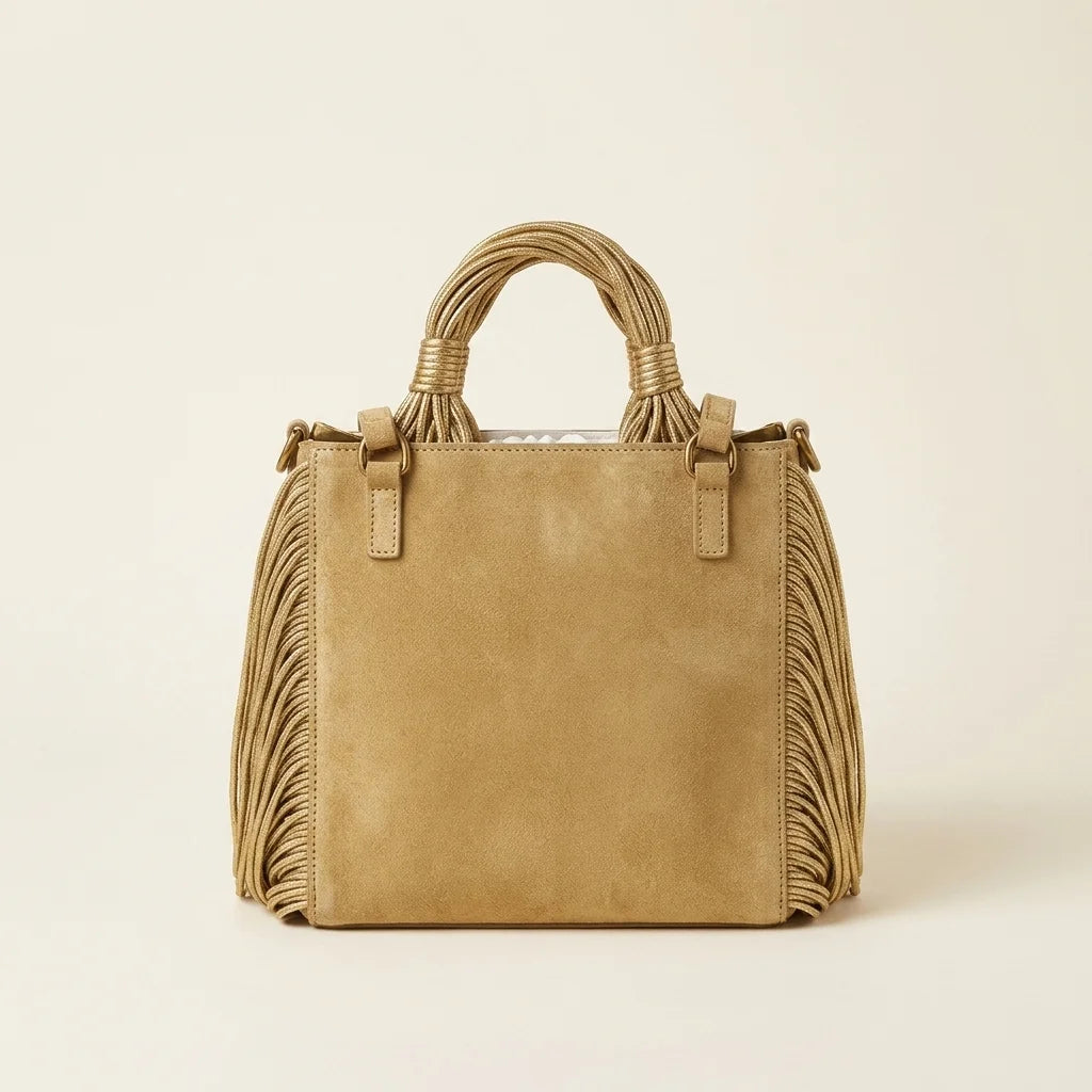 Back panel of Gold fringe clutch bag designer with strap attachments
