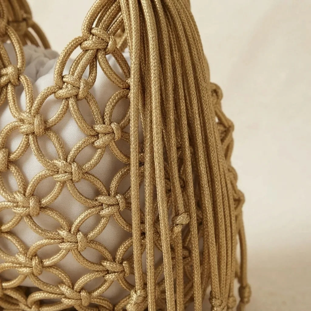 Close-up of fringe stitching and texture on Gold fringe clutch bag designer