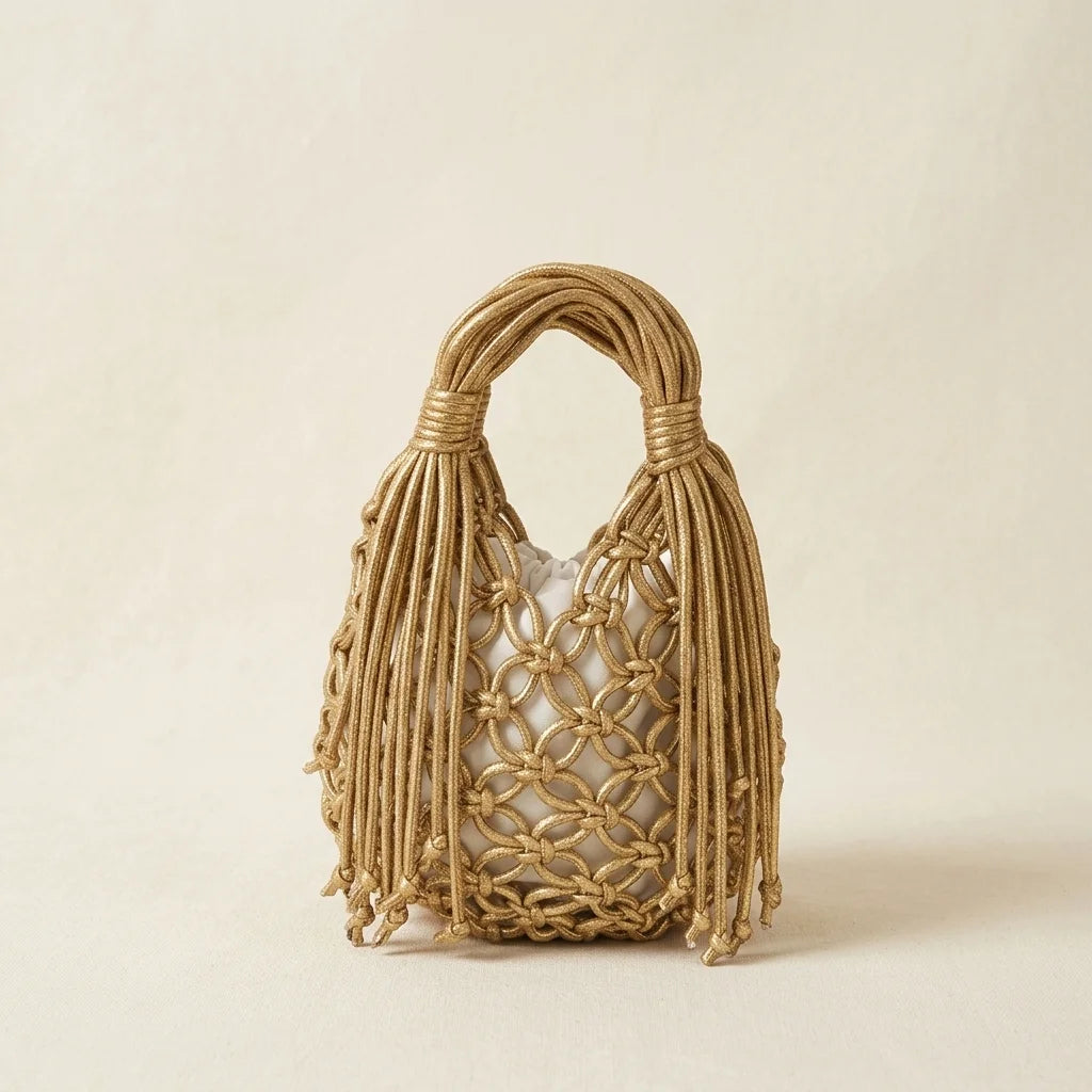 Gold fringe clutch bag designer, front view