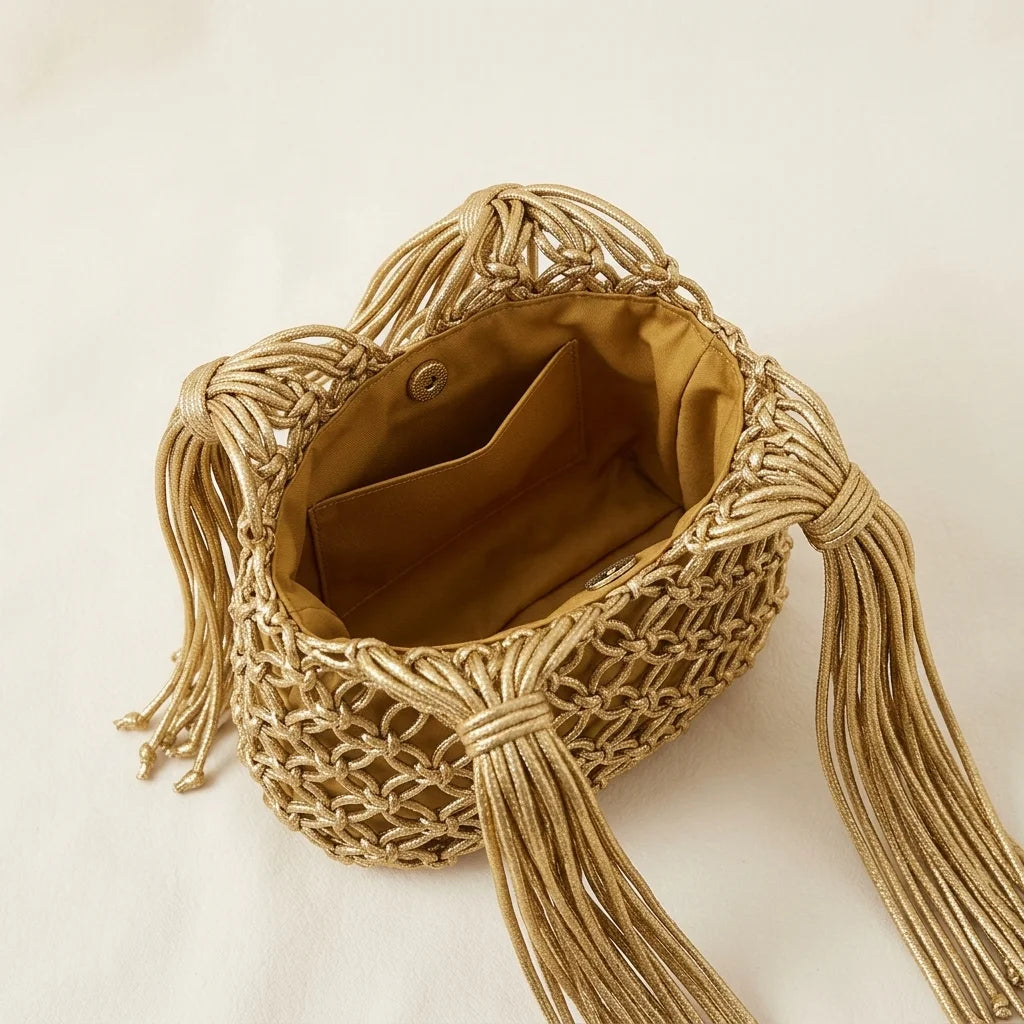 Interior lining and pockets of Gold fringe clutch bag designer