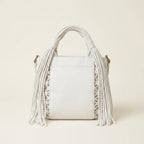 Back panel of White fringe clutch bag designer with strap attachments