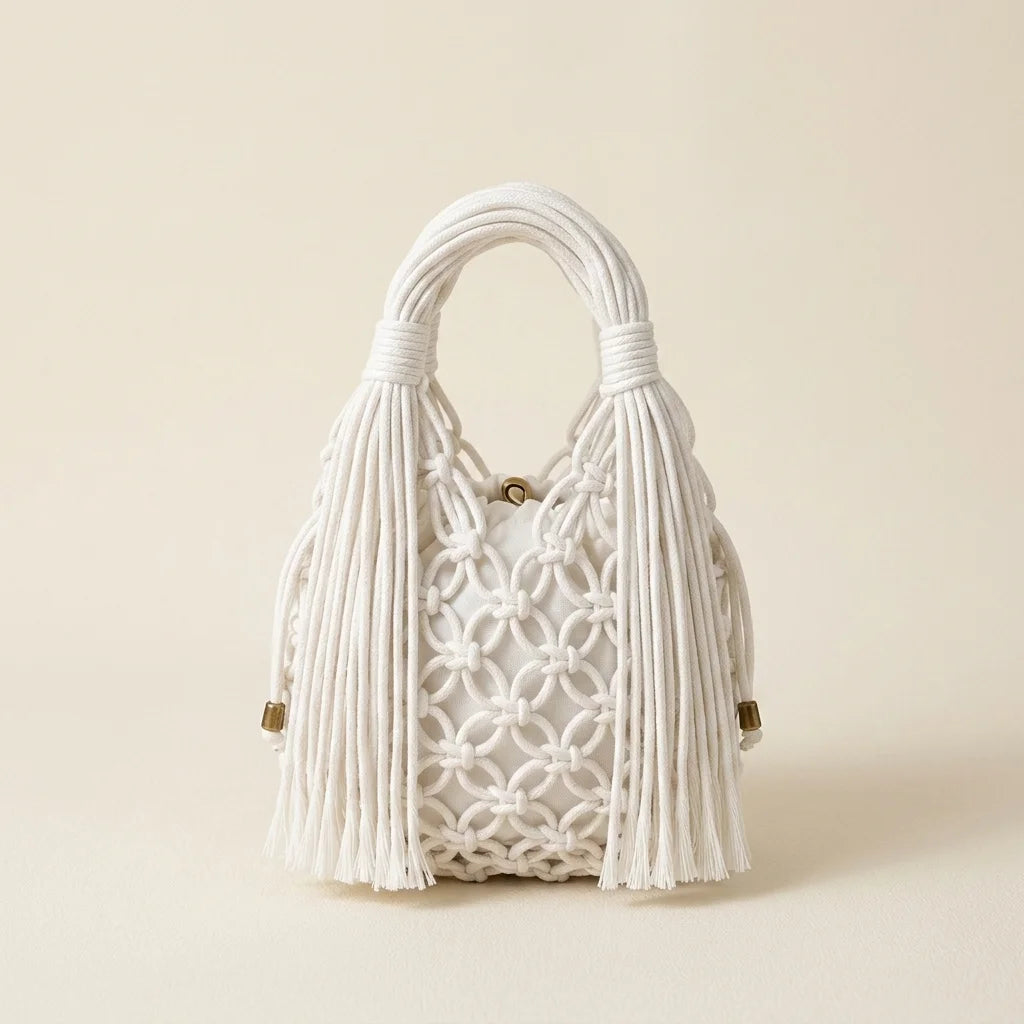White fringe clutch bag designer, front view