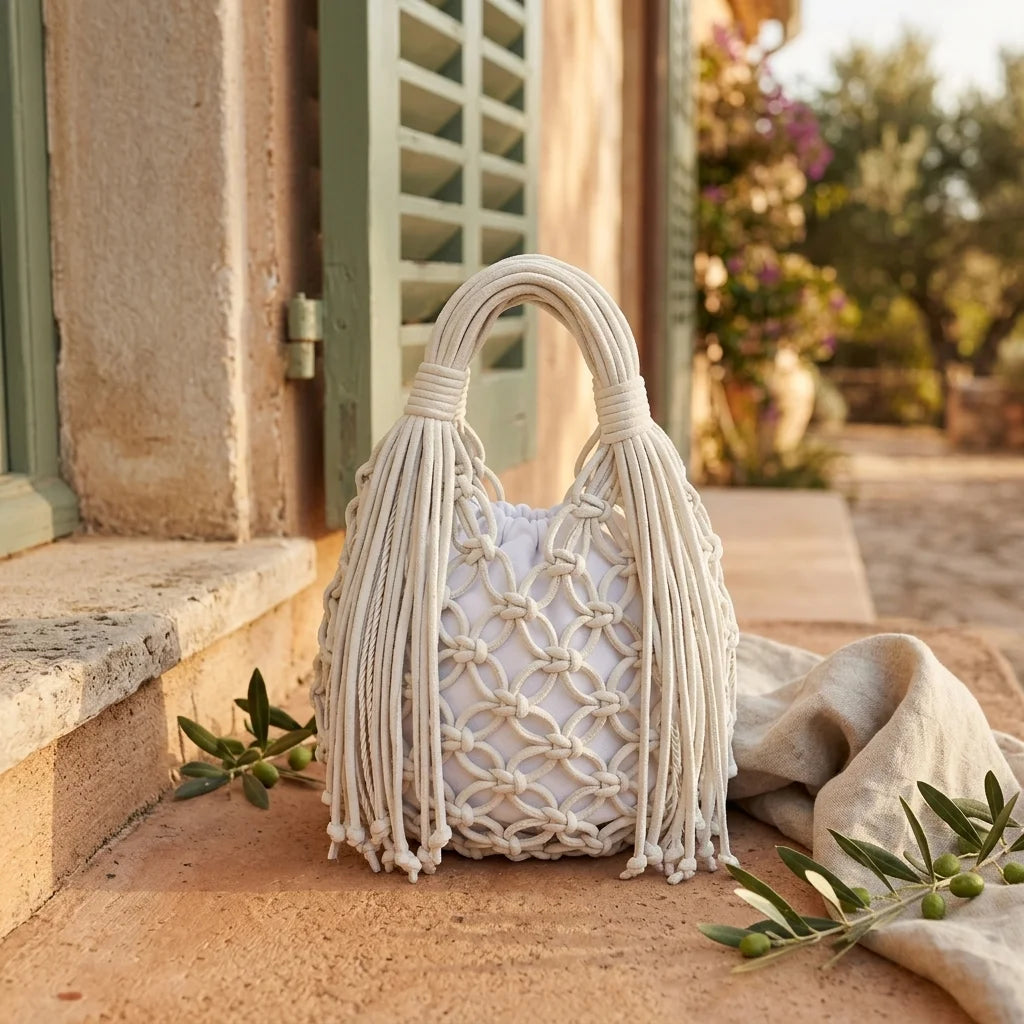 White fringe clutch bag designer styled in a warm Mediterranean setting