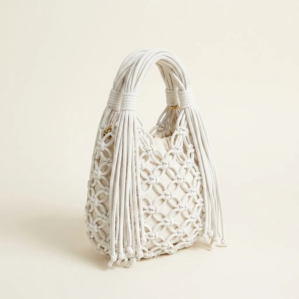 White fringe clutch bag designer, three-quarter angle showing side depth