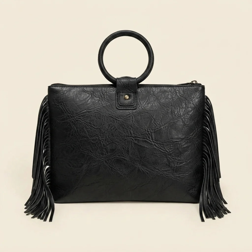 Back panel of Black fringe clutch bag leather with strap attachments