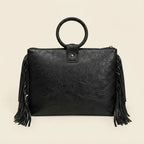 Back panel of Black fringe clutch bag leather with strap attachments