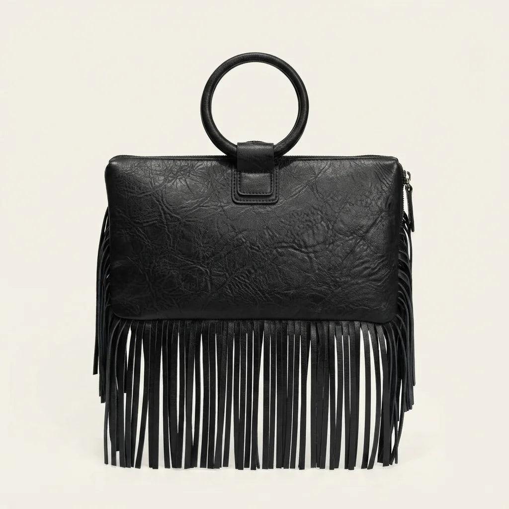 Black fringe clutch bag leather, front view