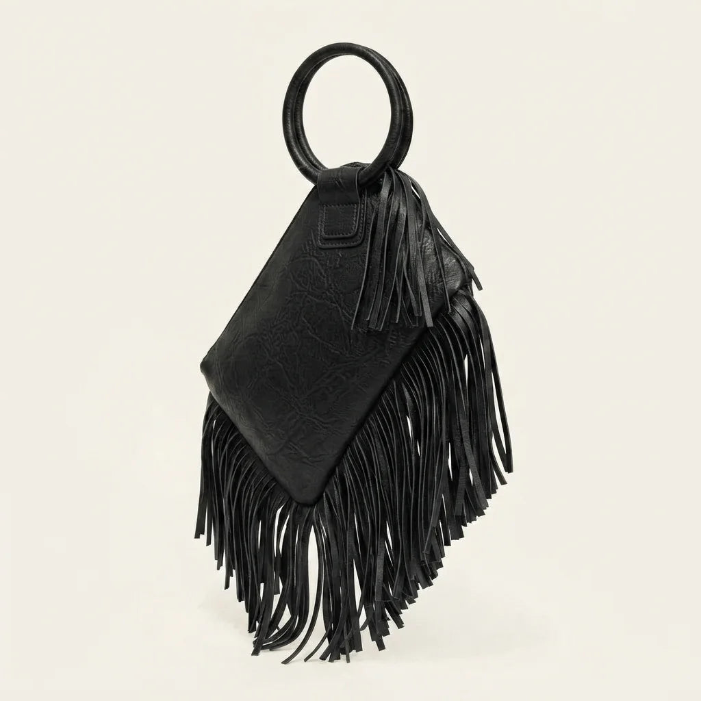 Black fringe clutch bag leather, three-quarter angle showing side depth