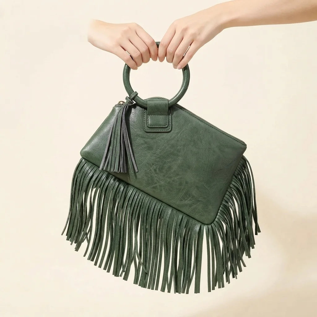 Green fringe clutch bag leather, front view