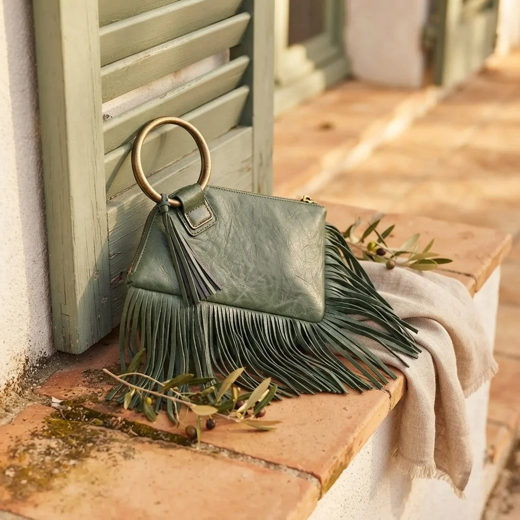 Green fringe clutch bag leather styled in a warm Mediterranean setting