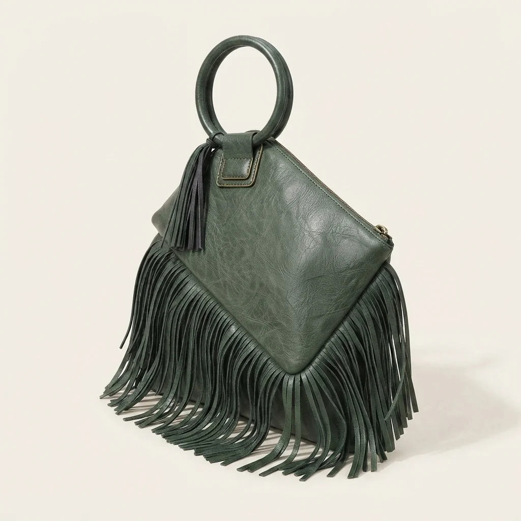 Green fringe clutch bag leather, three-quarter angle showing side depth