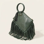 Green fringe clutch bag leather, three-quarter angle showing side depth