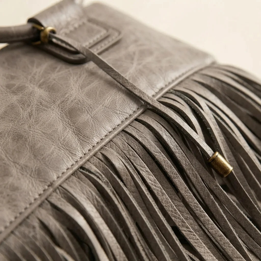 Close-up of fringe stitching and texture on Grey fringe clutch bag leather