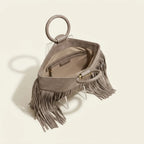Interior lining and pockets of Grey fringe clutch bag leather