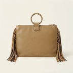 Back panel of Khaki fringe clutch bag leather with strap attachments