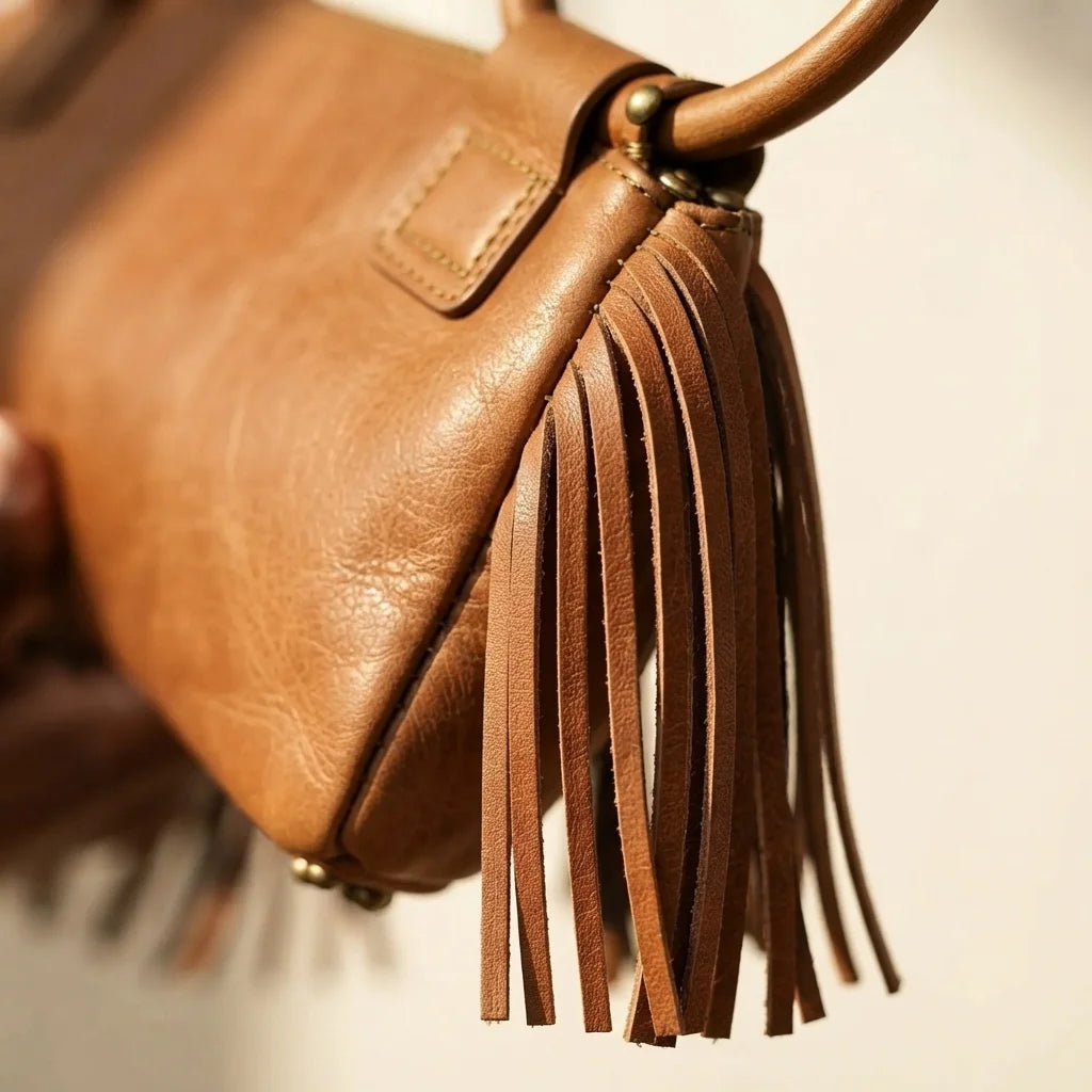 Close-up of fringe stitching and texture on Khaki fringe clutch bag leather