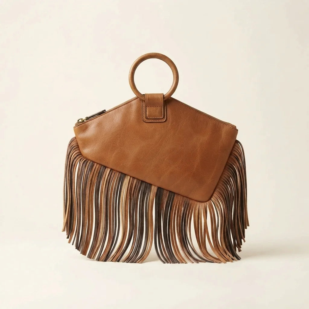 Khaki fringe clutch bag leather, front view