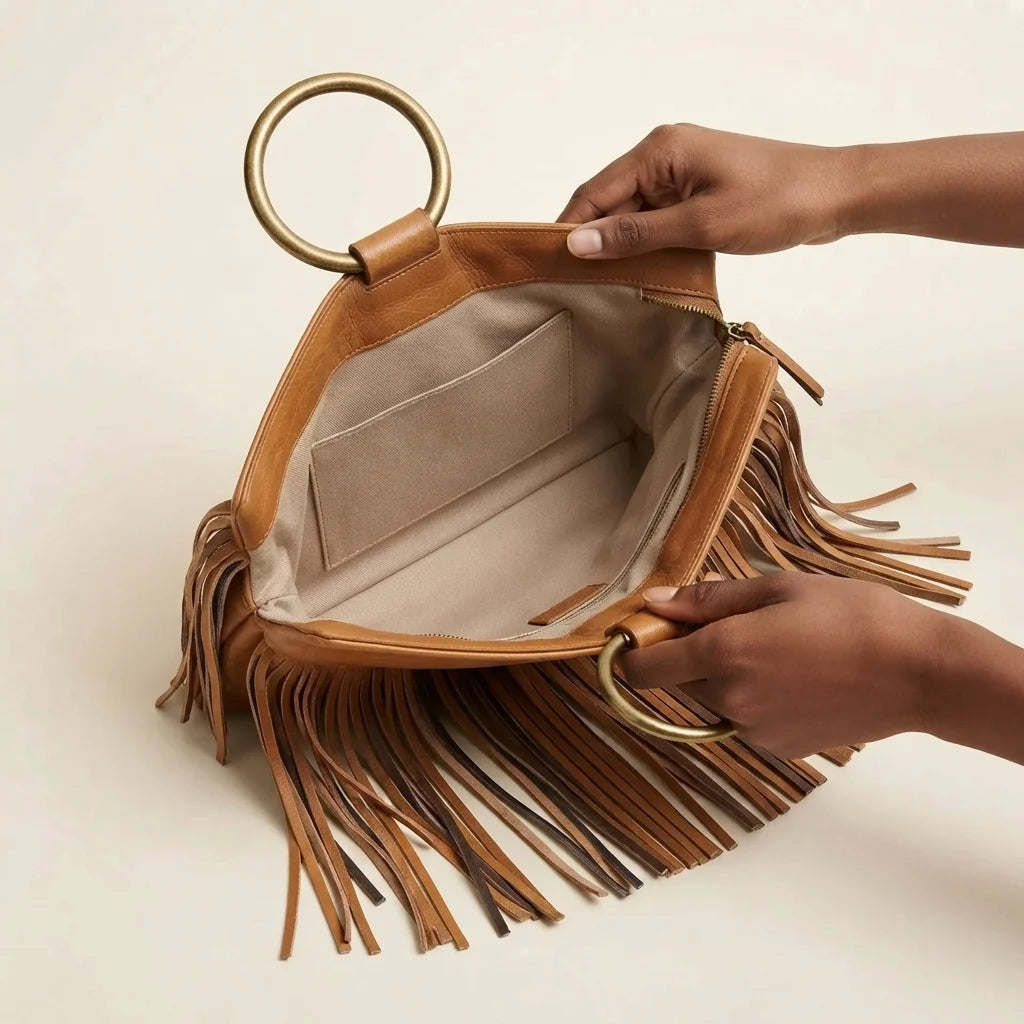 Interior lining and pockets of Khaki fringe clutch bag leather