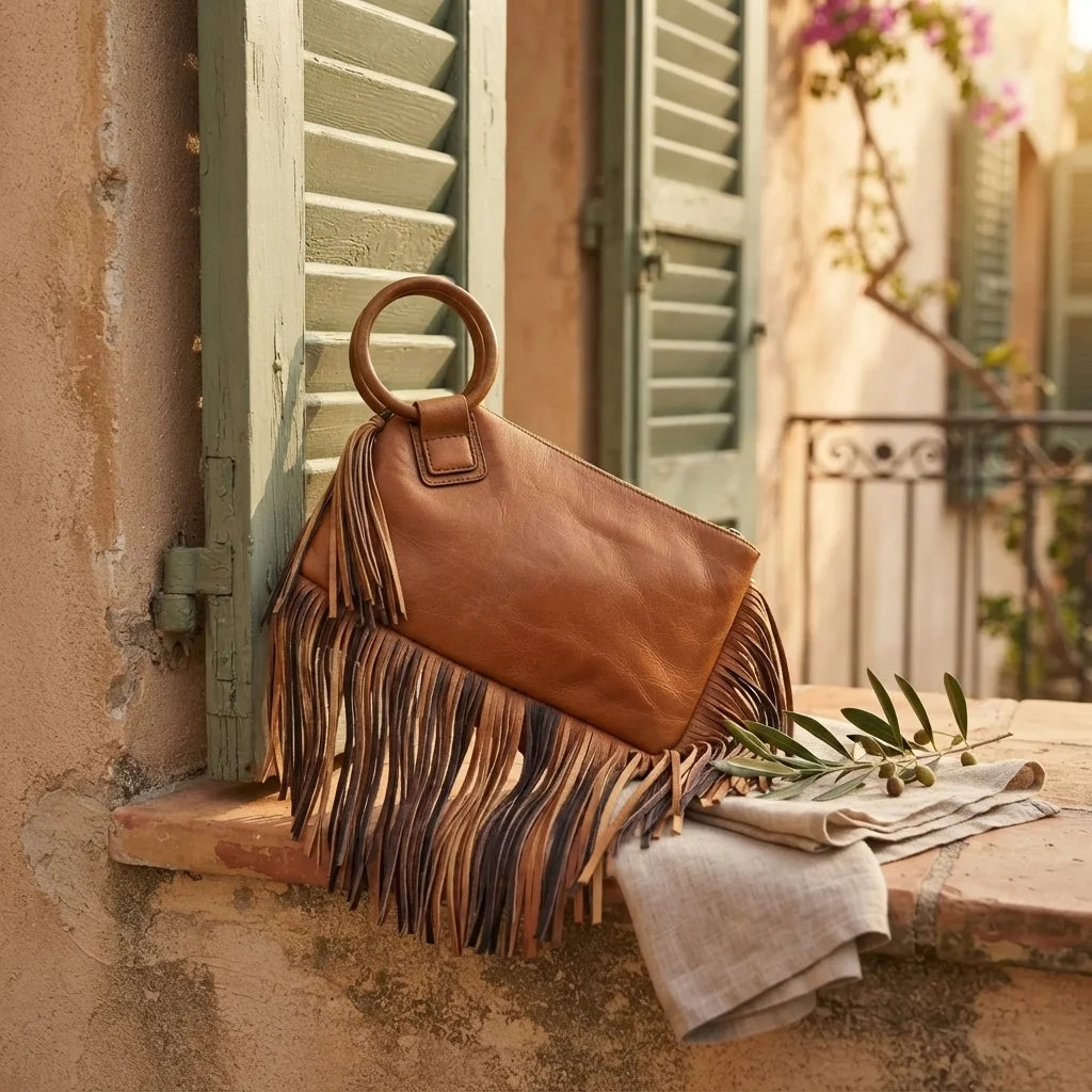 Khaki fringe clutch bag leather styled in a warm Mediterranean setting