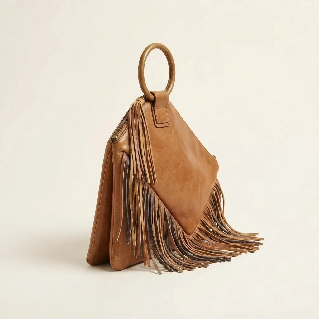 Khaki fringe clutch bag leather, three-quarter angle showing side depth